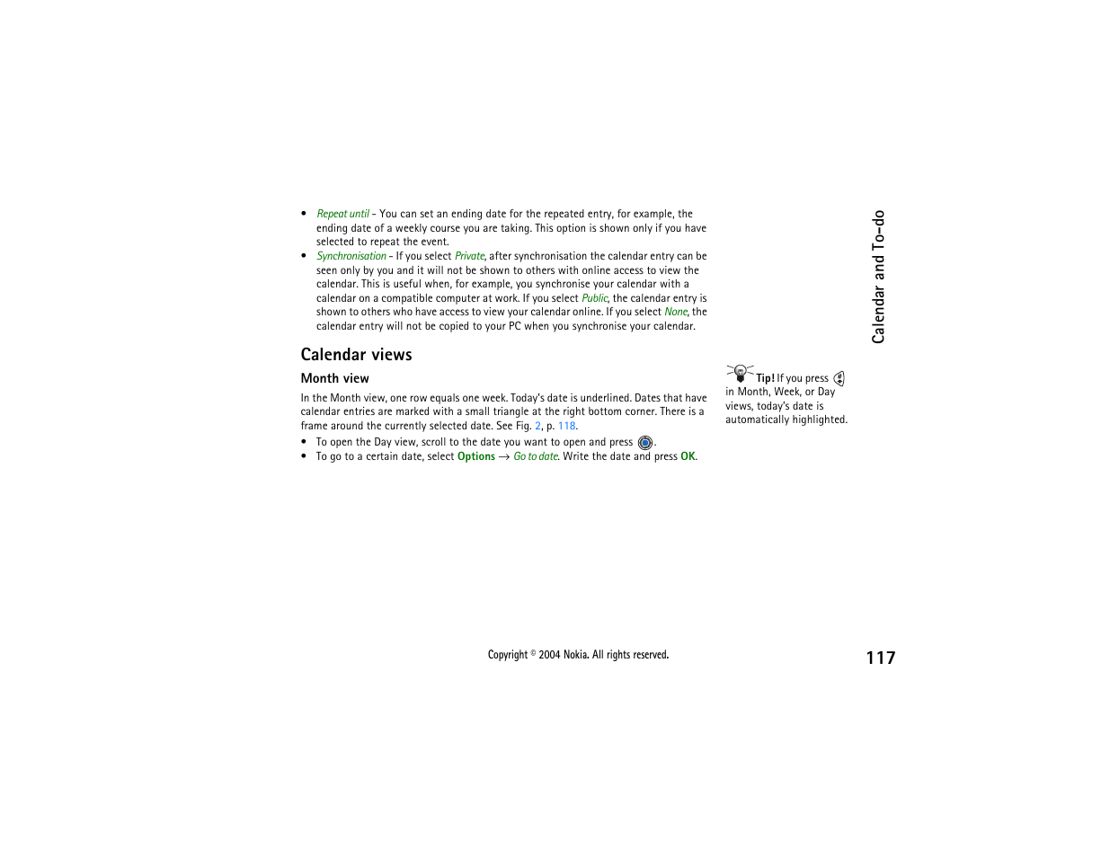 Calendar views, Calendar and to-do | Nokia 3650 User Manual | Page 117 / 178