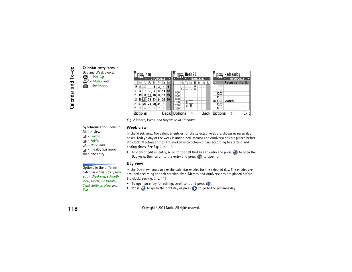 Frame around the currently selected date. see fig, Calendar and to-do | Nokia 3650 User Manual | Page 118 / 178