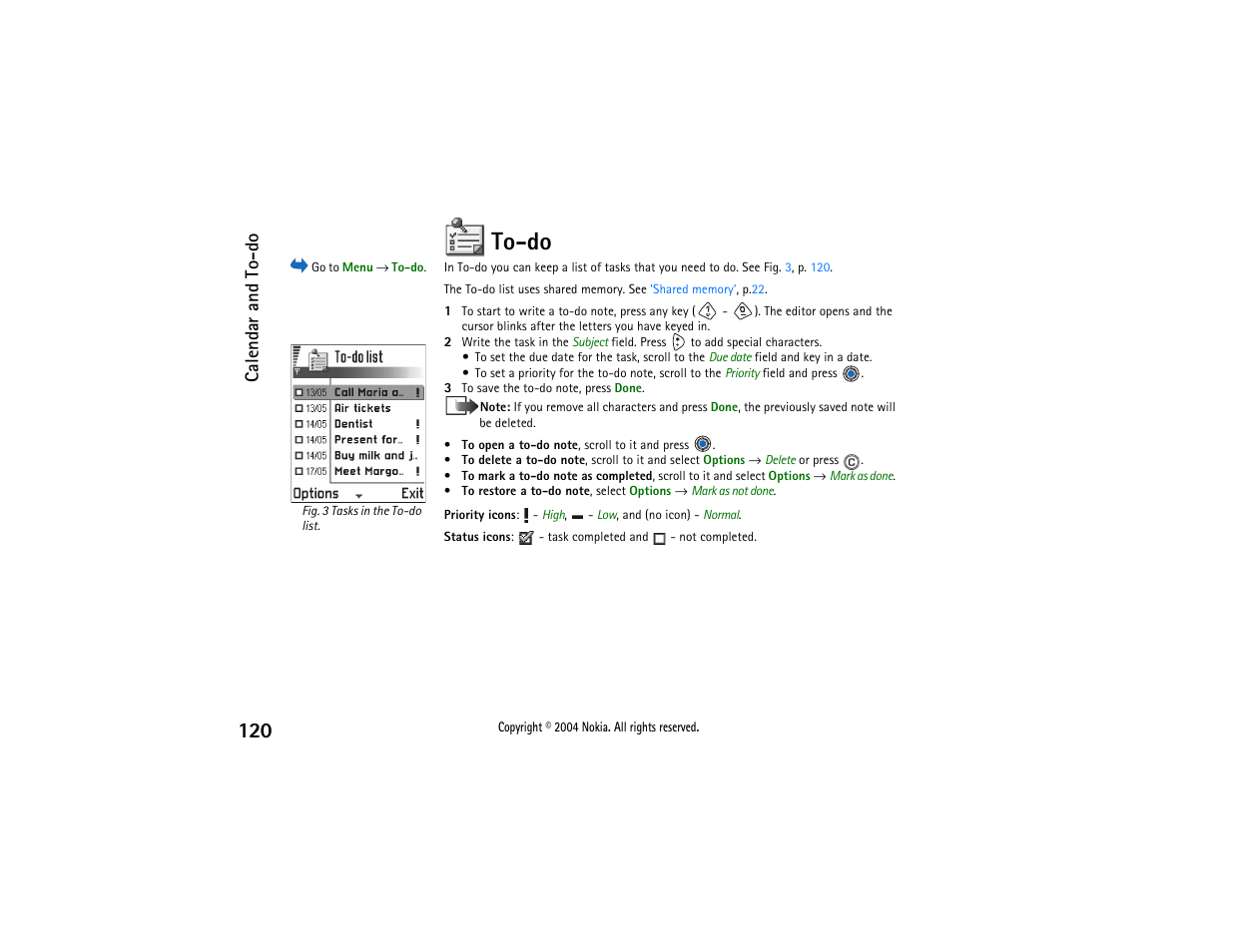 To-do, Calendar and to-do | Nokia 3650 User Manual | Page 120 / 178