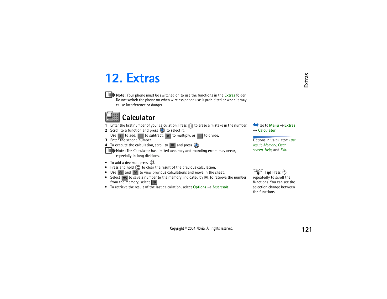 Extras, Calculator | Nokia 3650 User Manual | Page 121 / 178