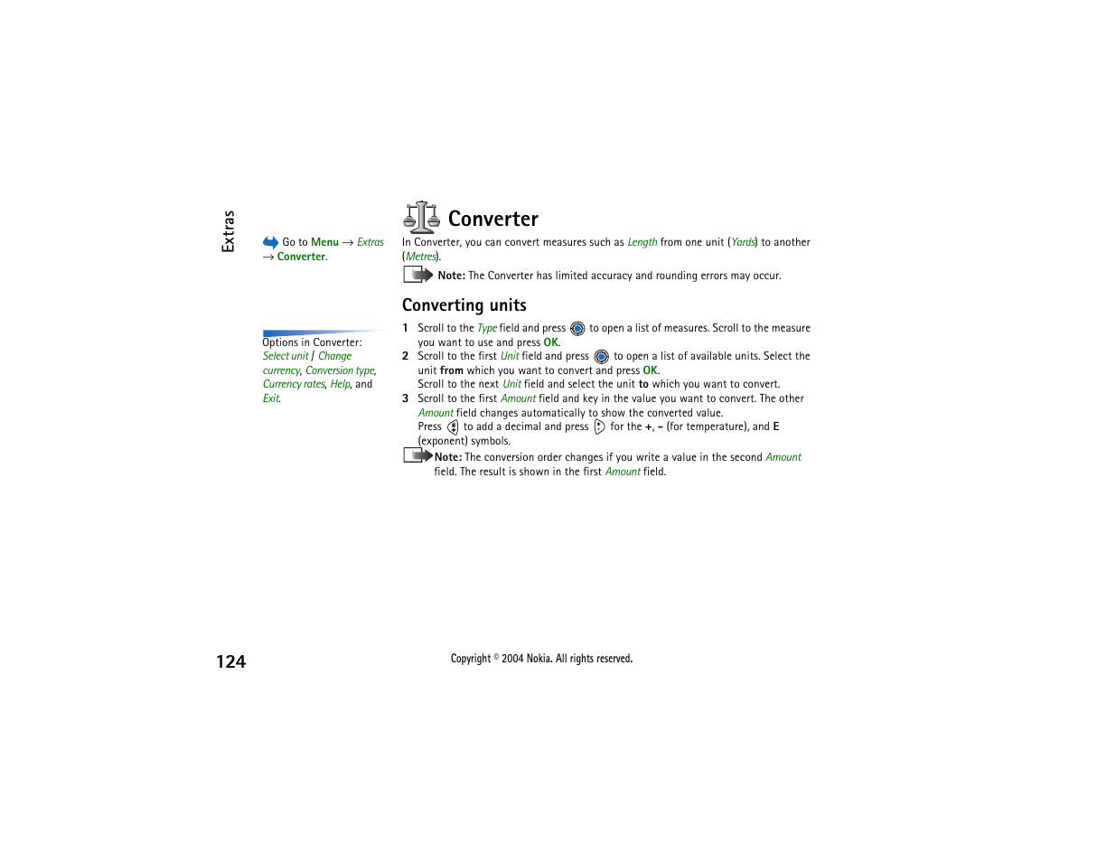 Converter, Converting units, Extras | Nokia 3650 User Manual | Page 124 / 178