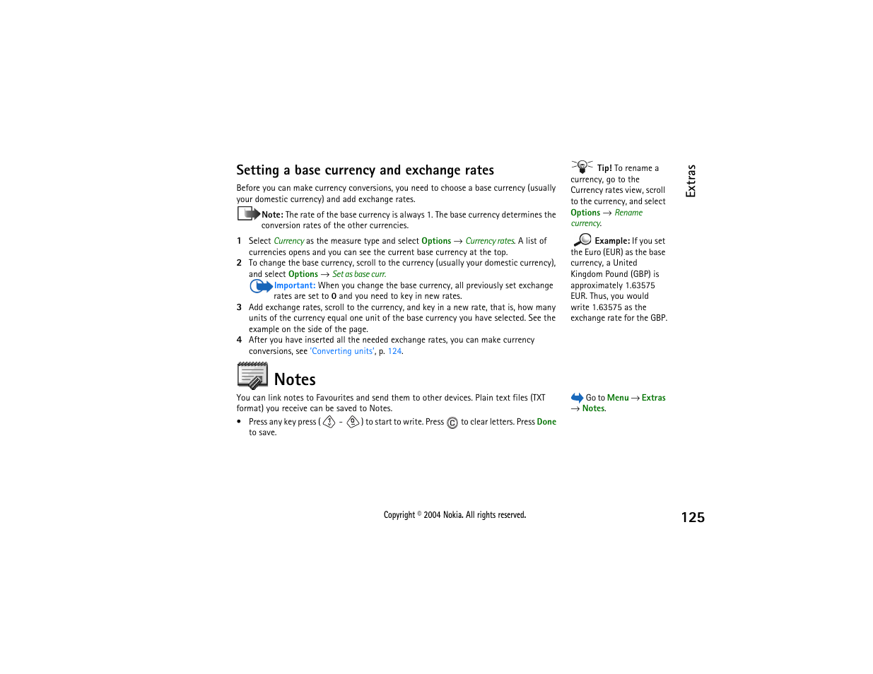 Notes, Setting a base currency and exchange rates, Extras | Nokia 3650 User Manual | Page 125 / 178