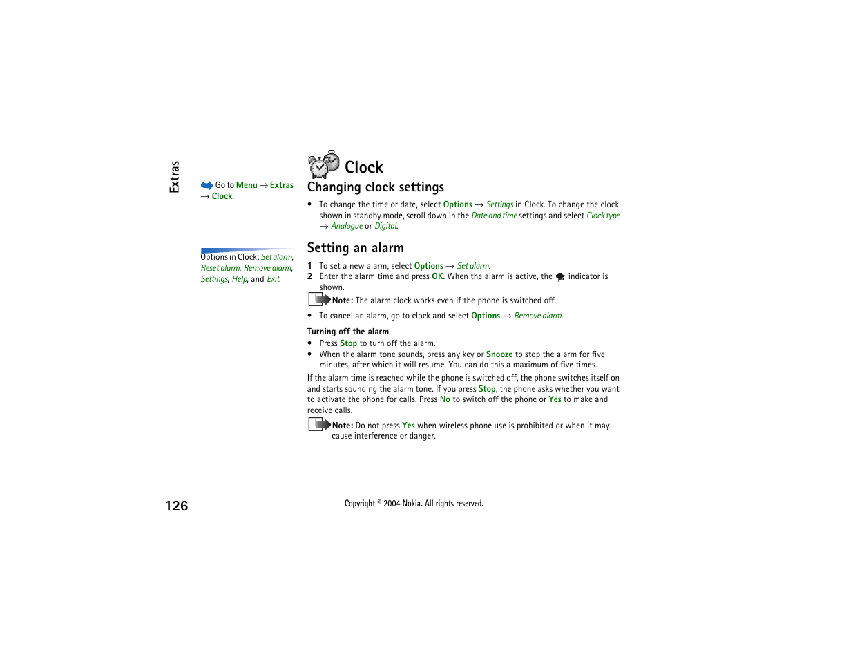 Clock, Changing clock settings, Setting an alarm | Extras | Nokia 3650 User Manual | Page 126 / 178