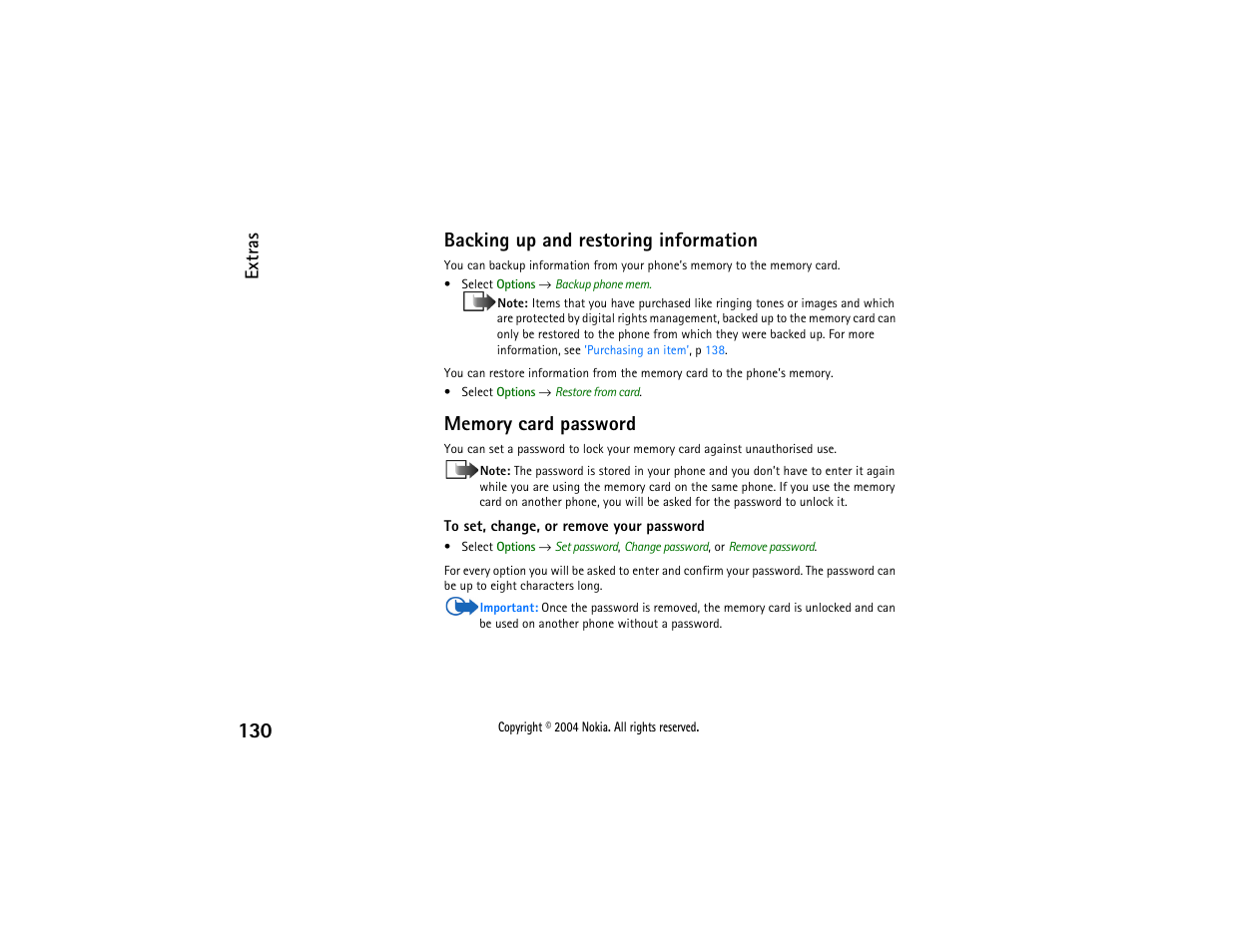Backing up and restoring information | Nokia 3650 User Manual | Page 130 / 178