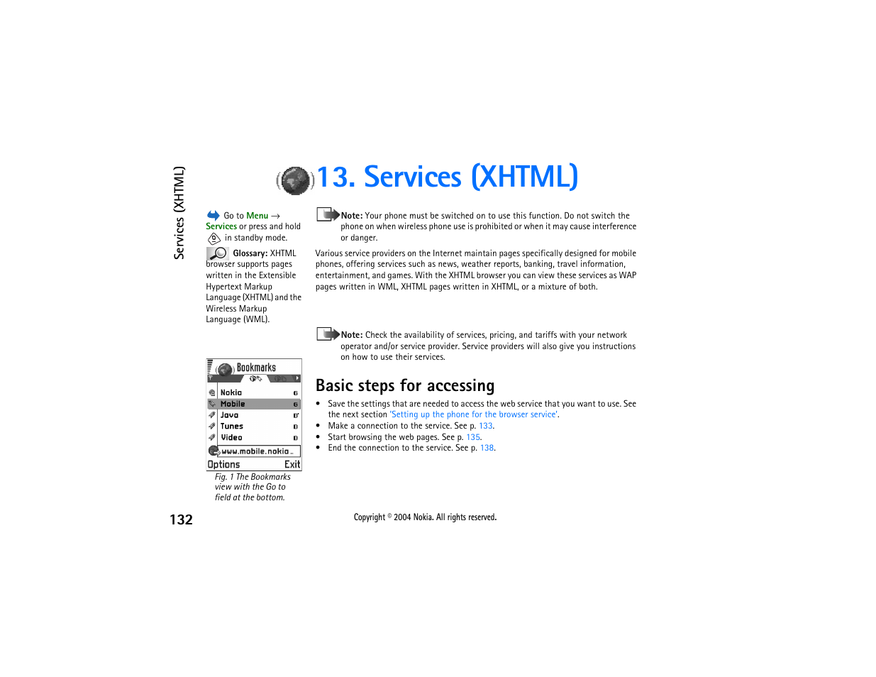 Services (xhtml), Basic steps for accessing | Nokia 3650 User Manual | Page 132 / 178