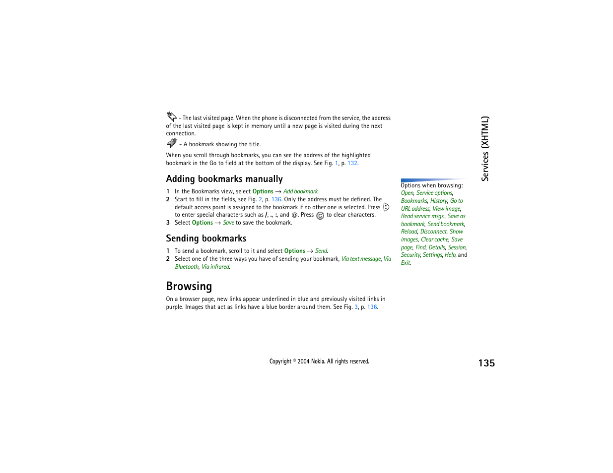 Browsing, Sending bookmarks, Adding bookmarks manually | Services (xhtml) | Nokia 3650 User Manual | Page 135 / 178