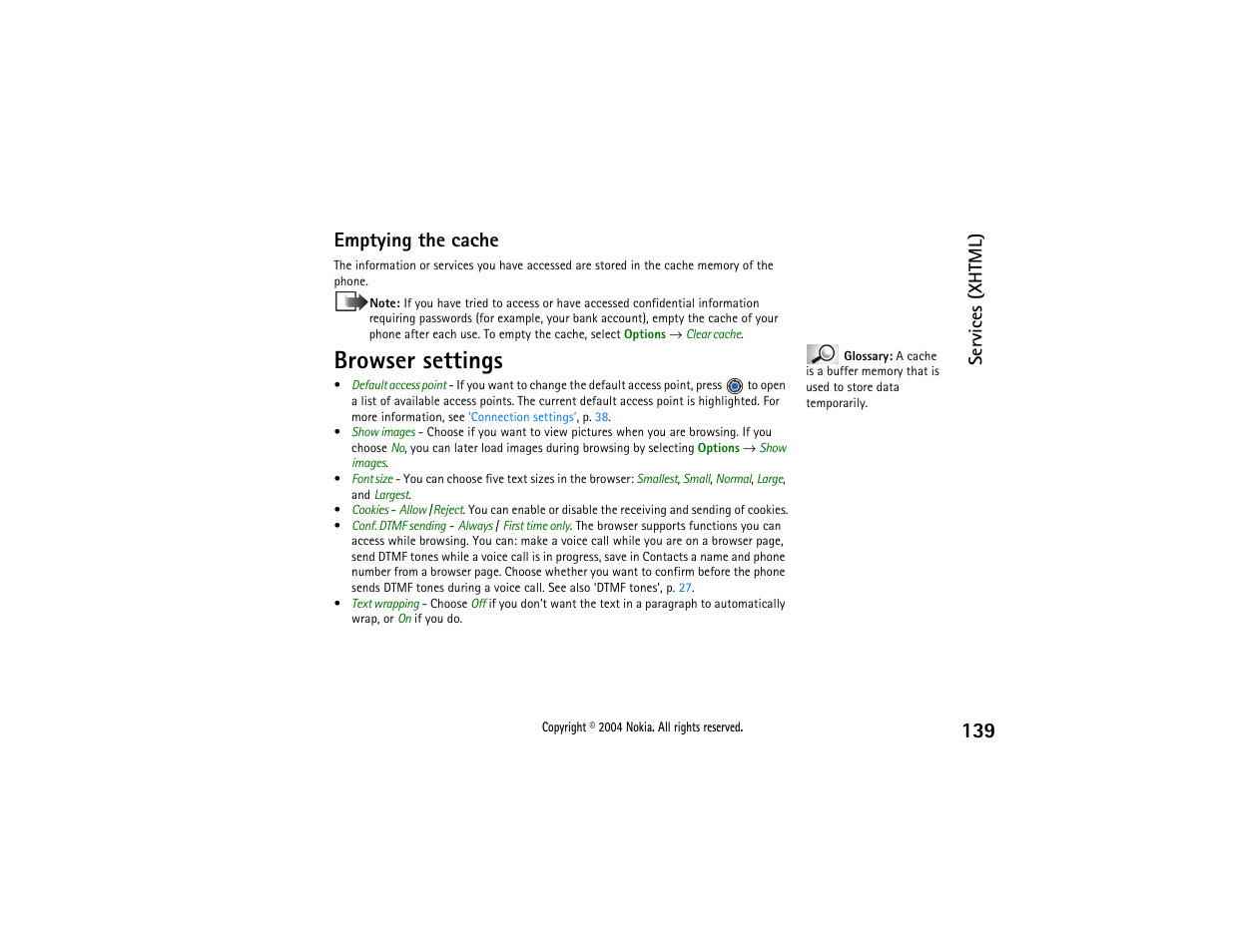 Browser settings, Emptying the cache, Services (xhtml) | Nokia 3650 User Manual | Page 139 / 178