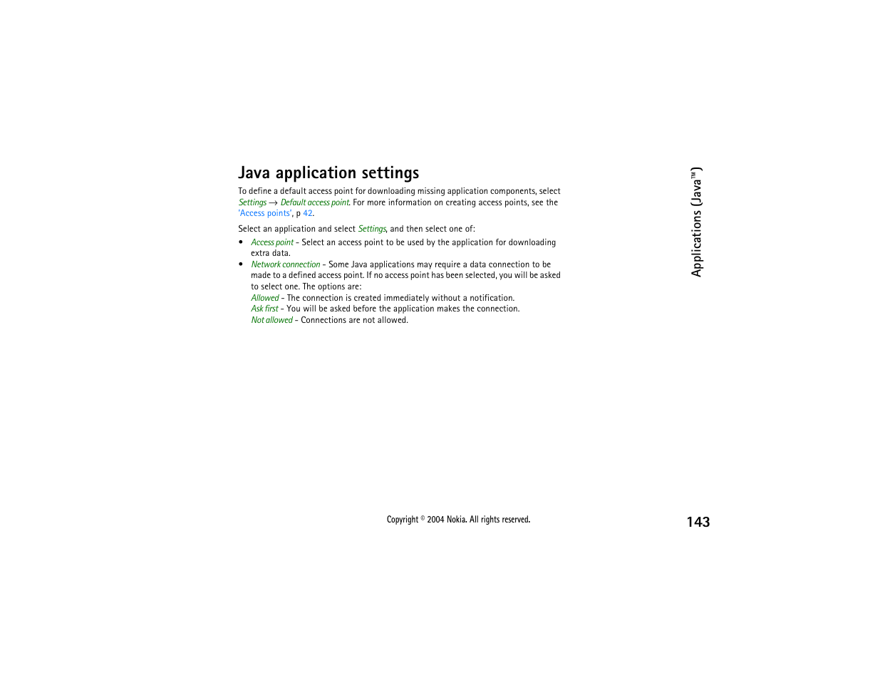 Java application settings | Nokia 3650 User Manual | Page 143 / 178