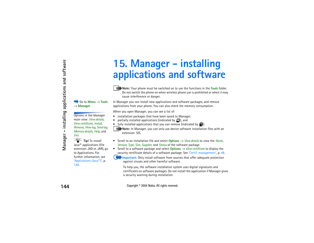 Manager - installing applications and software | Nokia 3650 User Manual | Page 144 / 178