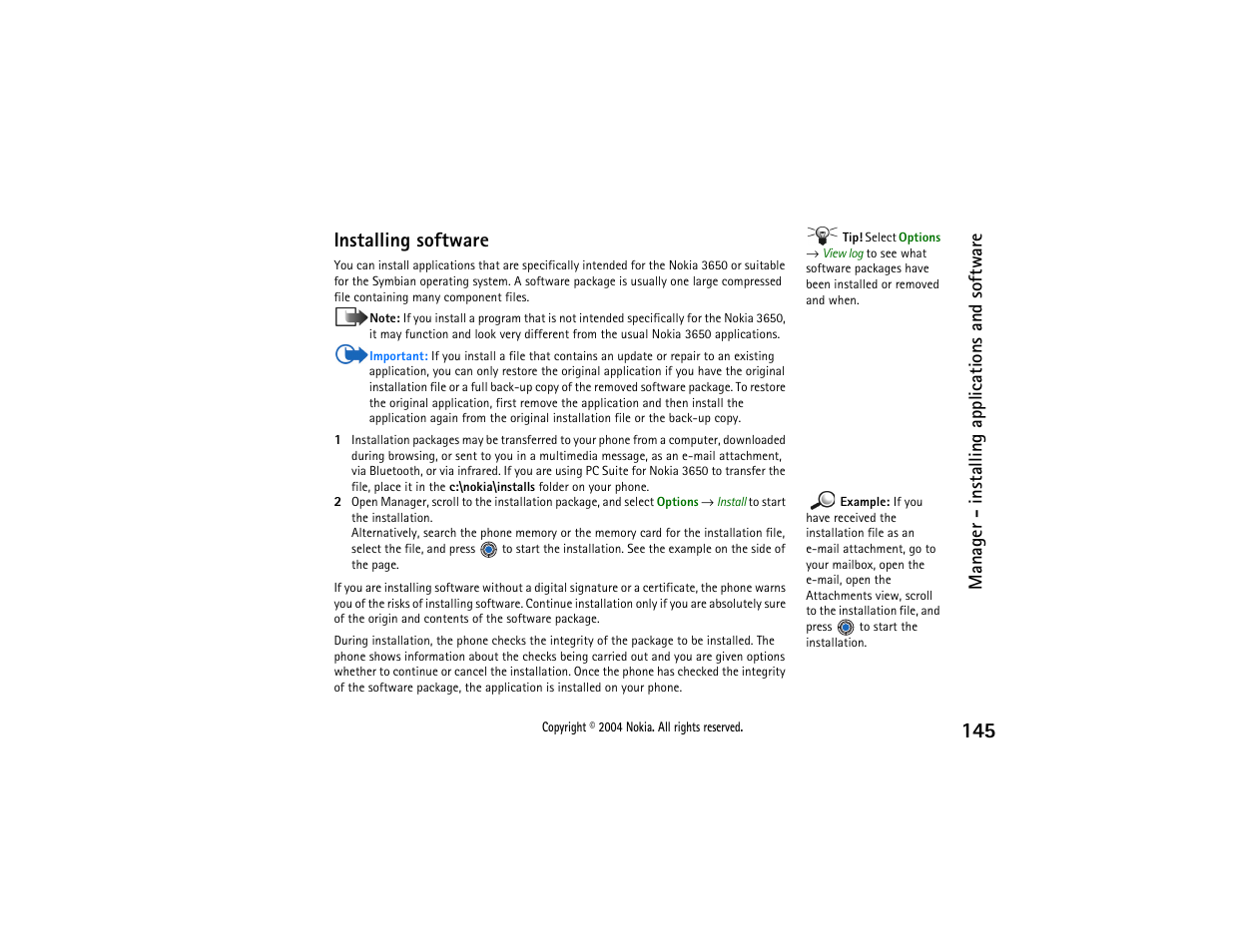 Installing software, Manager - installing applications and software | Nokia 3650 User Manual | Page 145 / 178