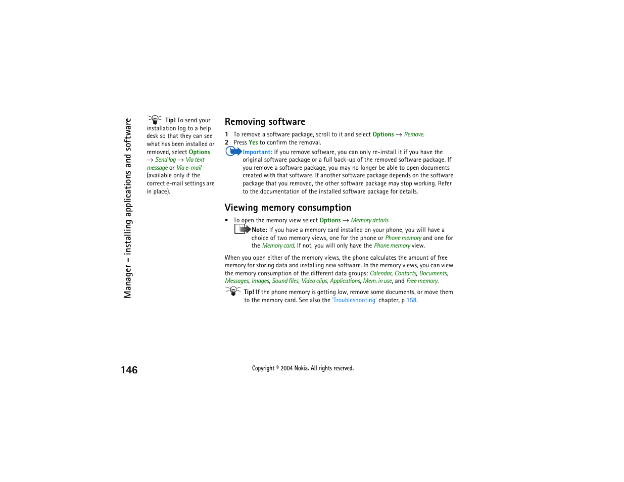 Removing software, Viewing memory consumption, Removing software viewing memory consumption | Manager - installing applications and software | Nokia 3650 User Manual | Page 146 / 178