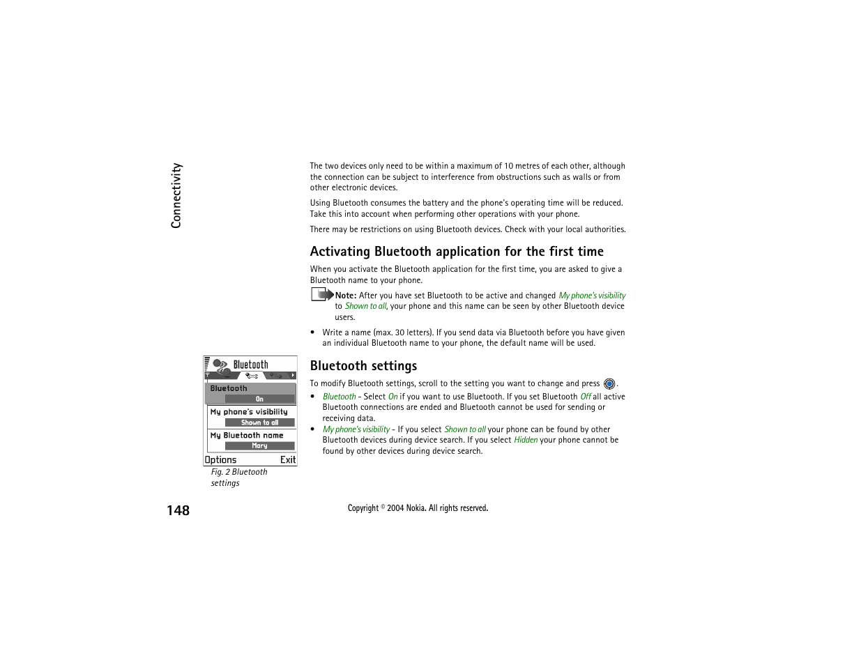 Bluetooth settings, Connectivity | Nokia 3650 User Manual | Page 148 / 178