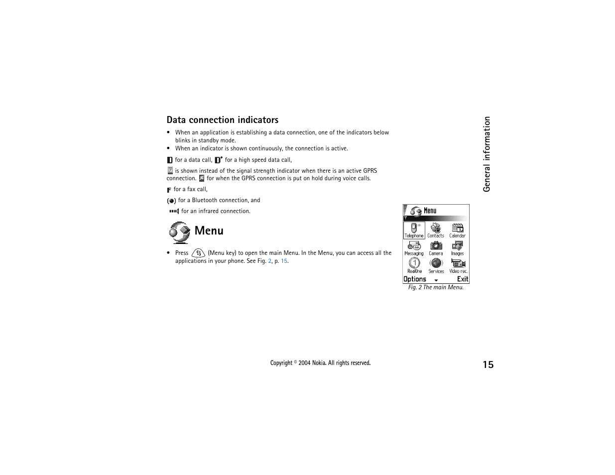 Menu, Data connection indicators | Nokia 3650 User Manual | Page 15 / 178