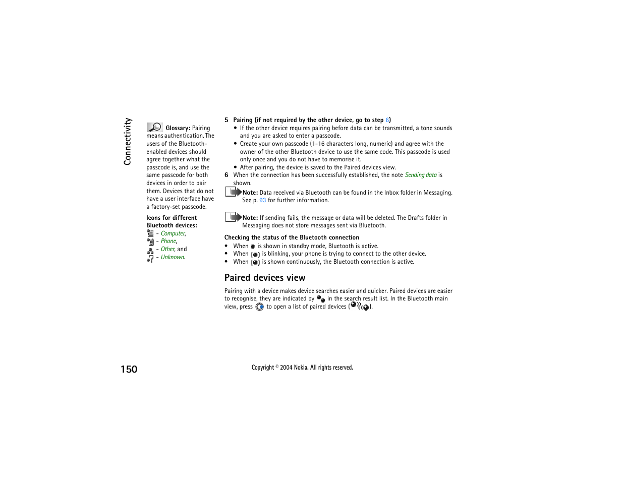 Paired devices view, Connectivity | Nokia 3650 User Manual | Page 150 / 178