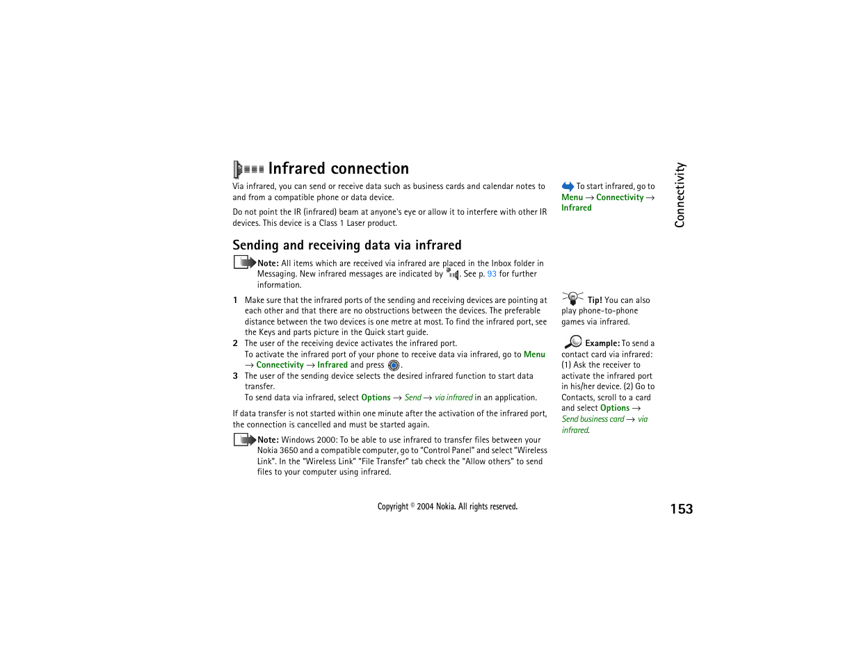 Infrared connection, Sending and, Receiving data via infrared | Ise use the, Infrared, Connection, See p, Sending and receiving data via infrared, Connectivity | Nokia 3650 User Manual | Page 153 / 178