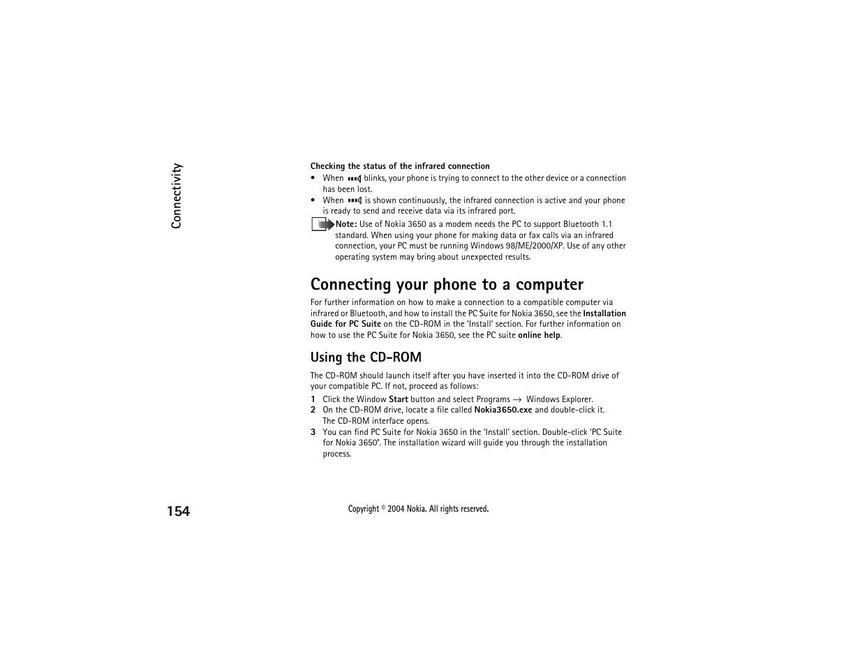 Connecting your phone to a computer, Using the cd-rom | Nokia 3650 User Manual | Page 154 / 178