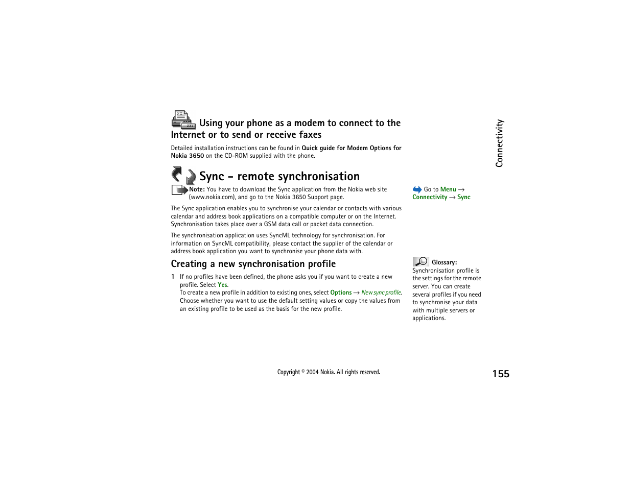 Sync - remote synchronisation, Creating a new synchronisation profile | Nokia 3650 User Manual | Page 155 / 178