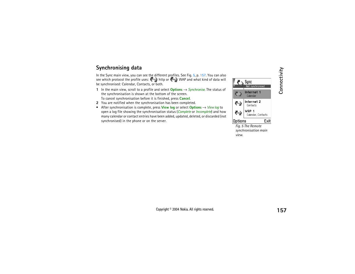 Synchronising data, Connectivity | Nokia 3650 User Manual | Page 157 / 178