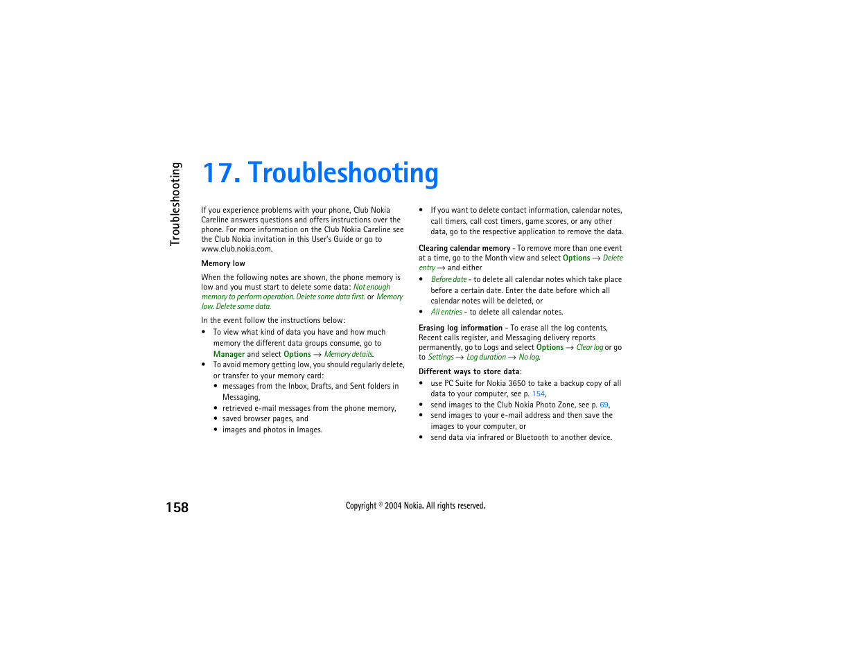 Troubleshooting, Information, see, Memory low | To the memory card. see also the | Nokia 3650 User Manual | Page 158 / 178