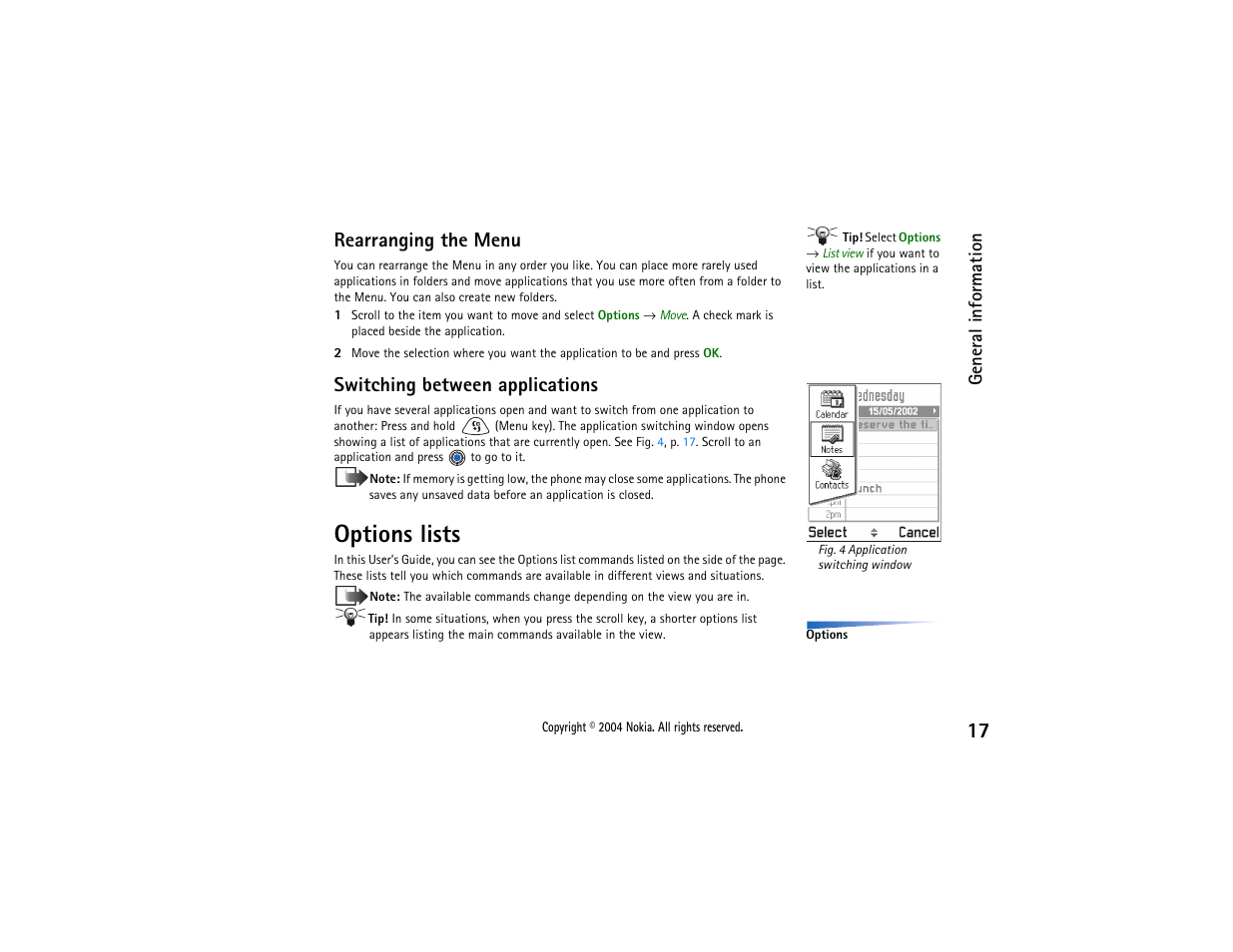 Options lists, Rearranging the menu, Switching between applications | Nokia 3650 User Manual | Page 17 / 178