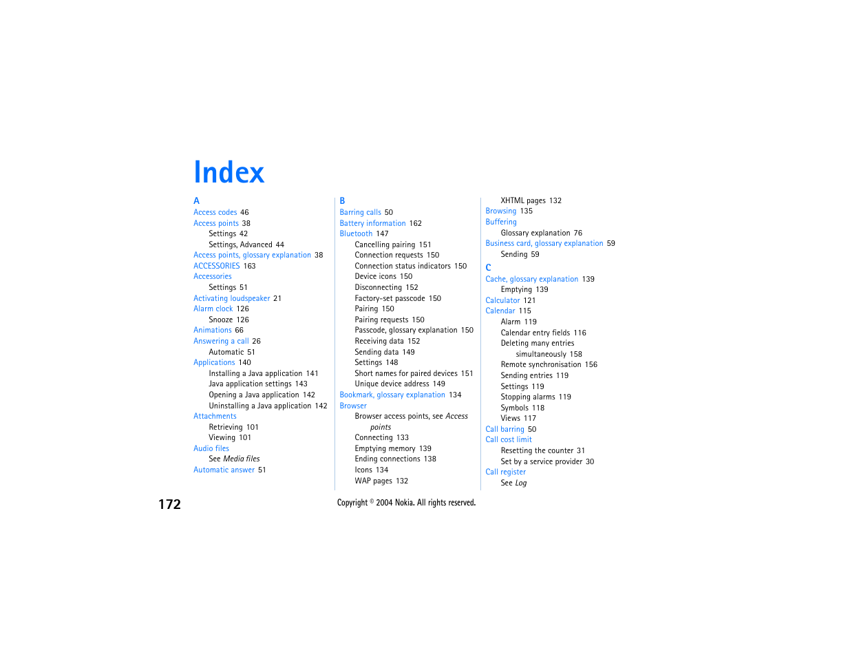 Index | Nokia 3650 User Manual | Page 172 / 178