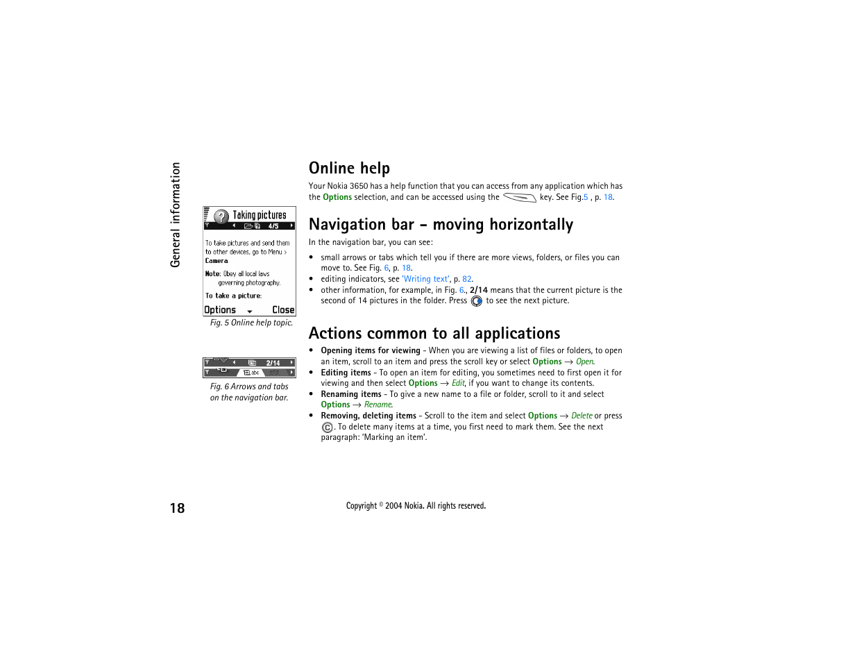 Online help, Navigation bar - moving horizontally, Actions common to all applications | Nokia 3650 User Manual | Page 18 / 178