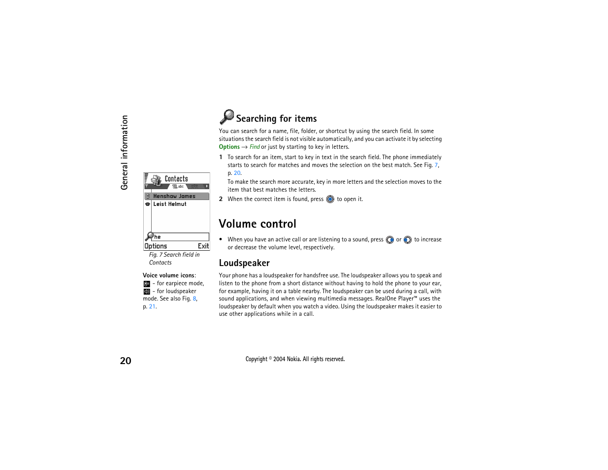Volume control, Searching for items, Loudspeaker | Nokia 3650 User Manual | Page 20 / 178