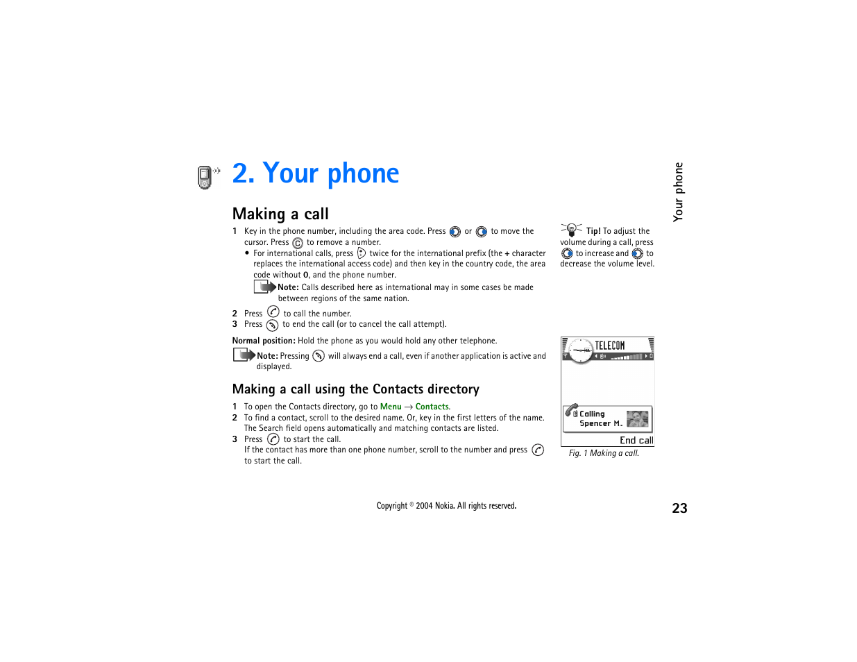 Your phone, Making a call, Making a call using the contacts directory | Nokia 3650 User Manual | Page 23 / 178