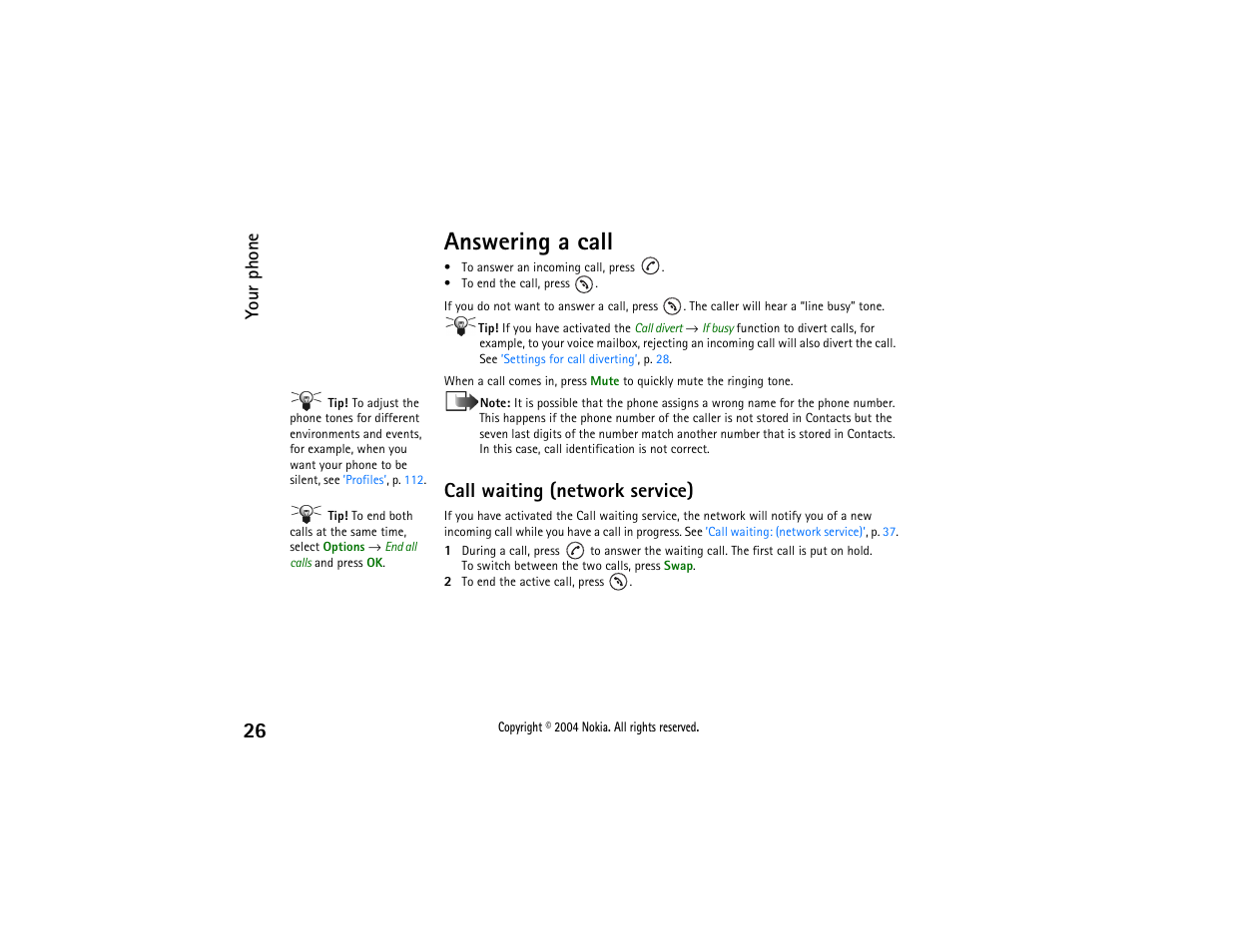 Answering a call, Call waiting (network service), Your phone | Nokia 3650 User Manual | Page 26 / 178