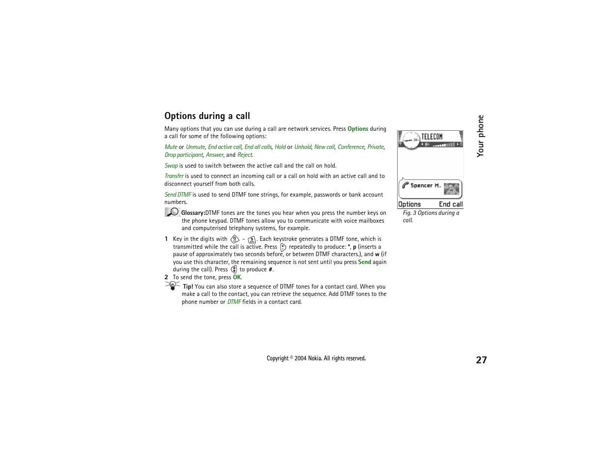 Options during a call, Your phone | Nokia 3650 User Manual | Page 27 / 178