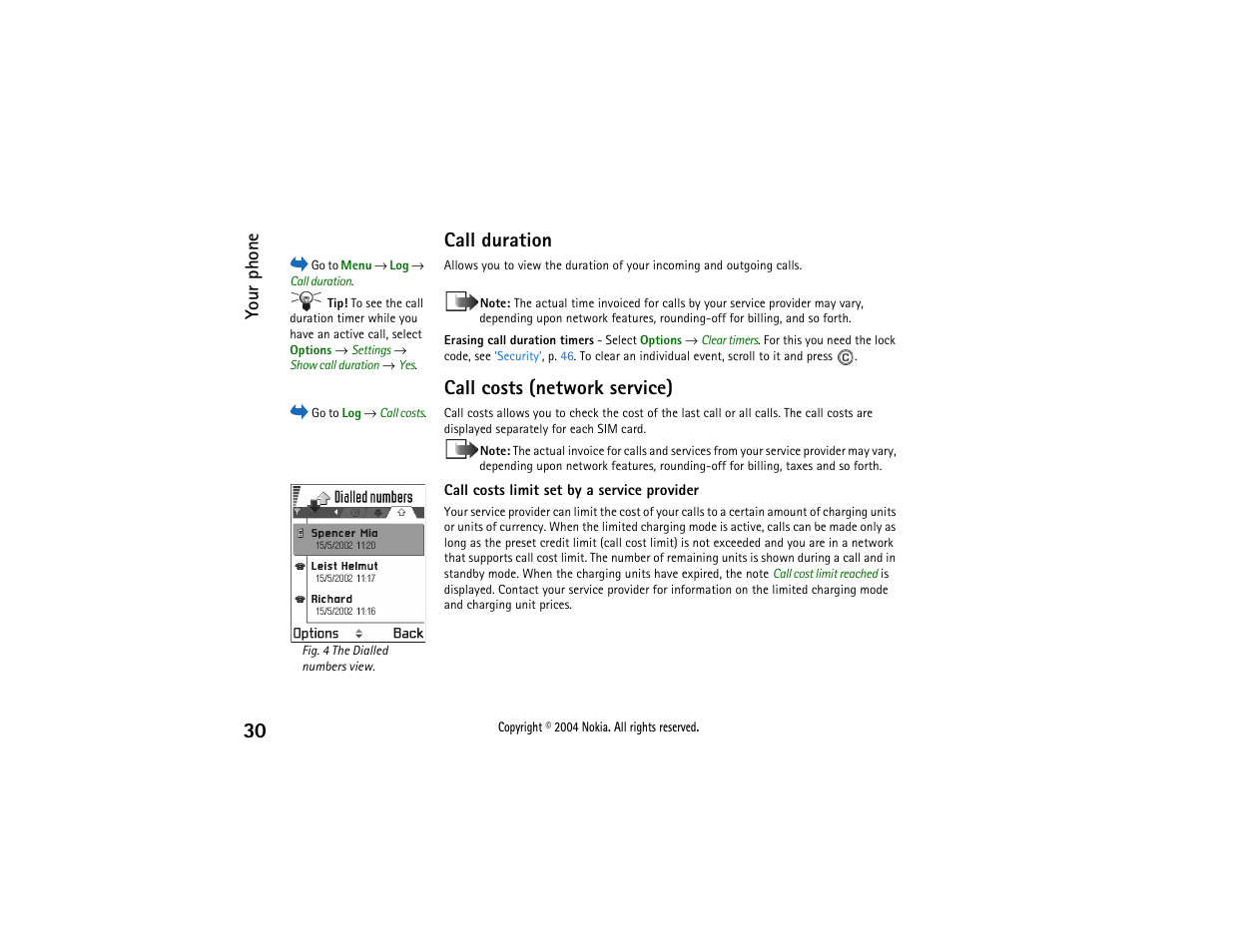 Numbers view. see fig, Call duration, Call costs (network service) | Your phone | Nokia 3650 User Manual | Page 30 / 178