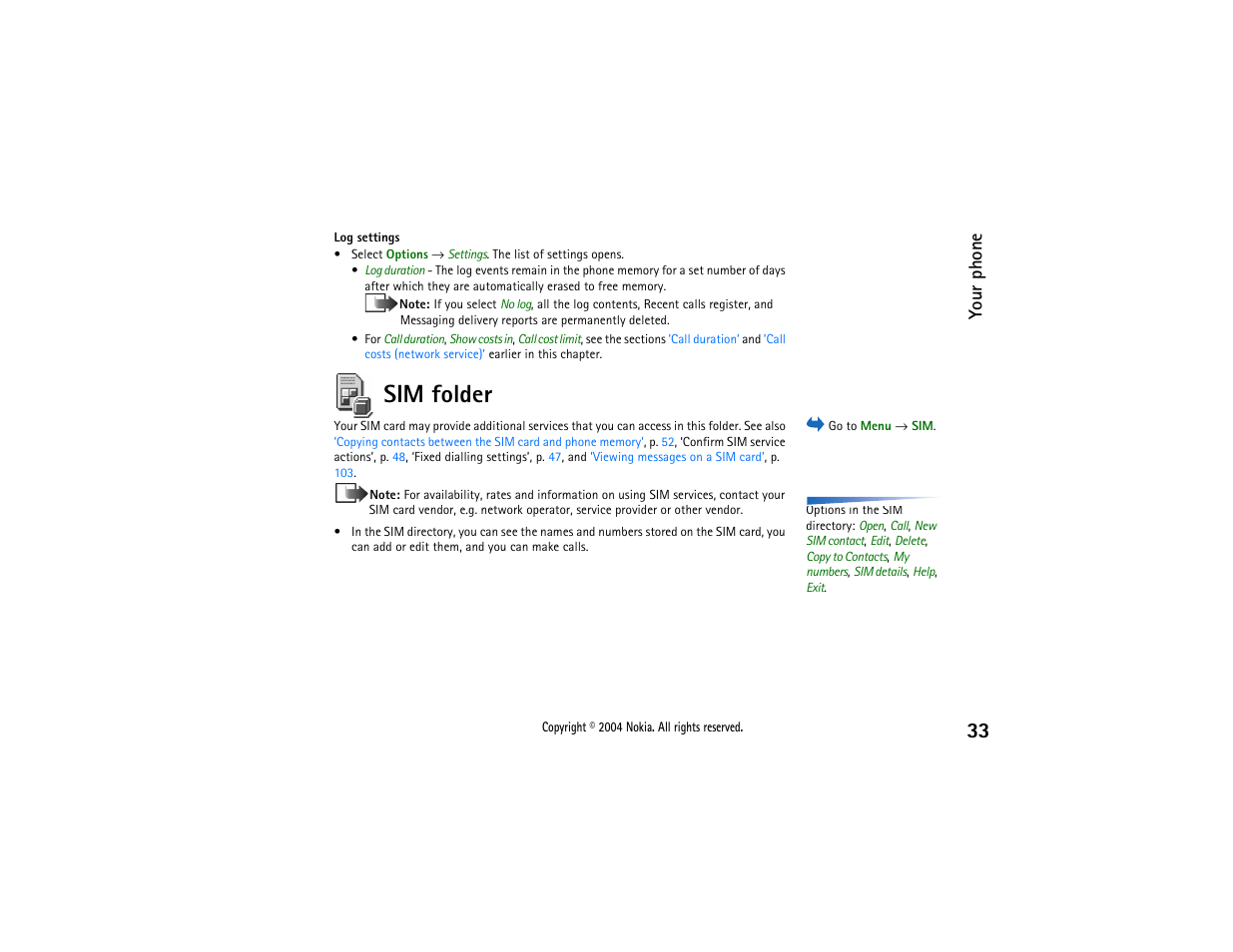 Sim folder, Your phone | Nokia 3650 User Manual | Page 33 / 178