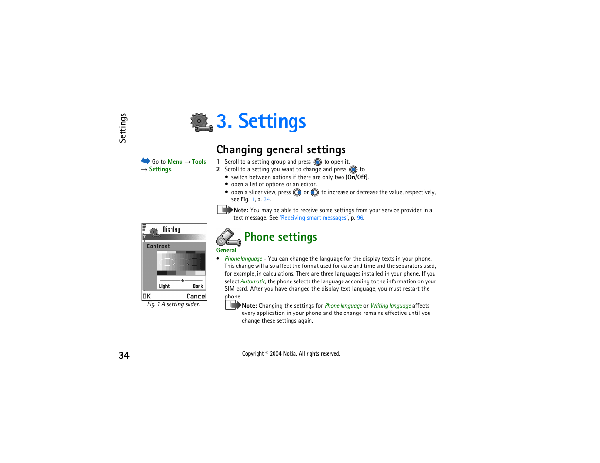Settings, Changing general settings, Phone settings | Changing general settings phone settings | Nokia 3650 User Manual | Page 34 / 178