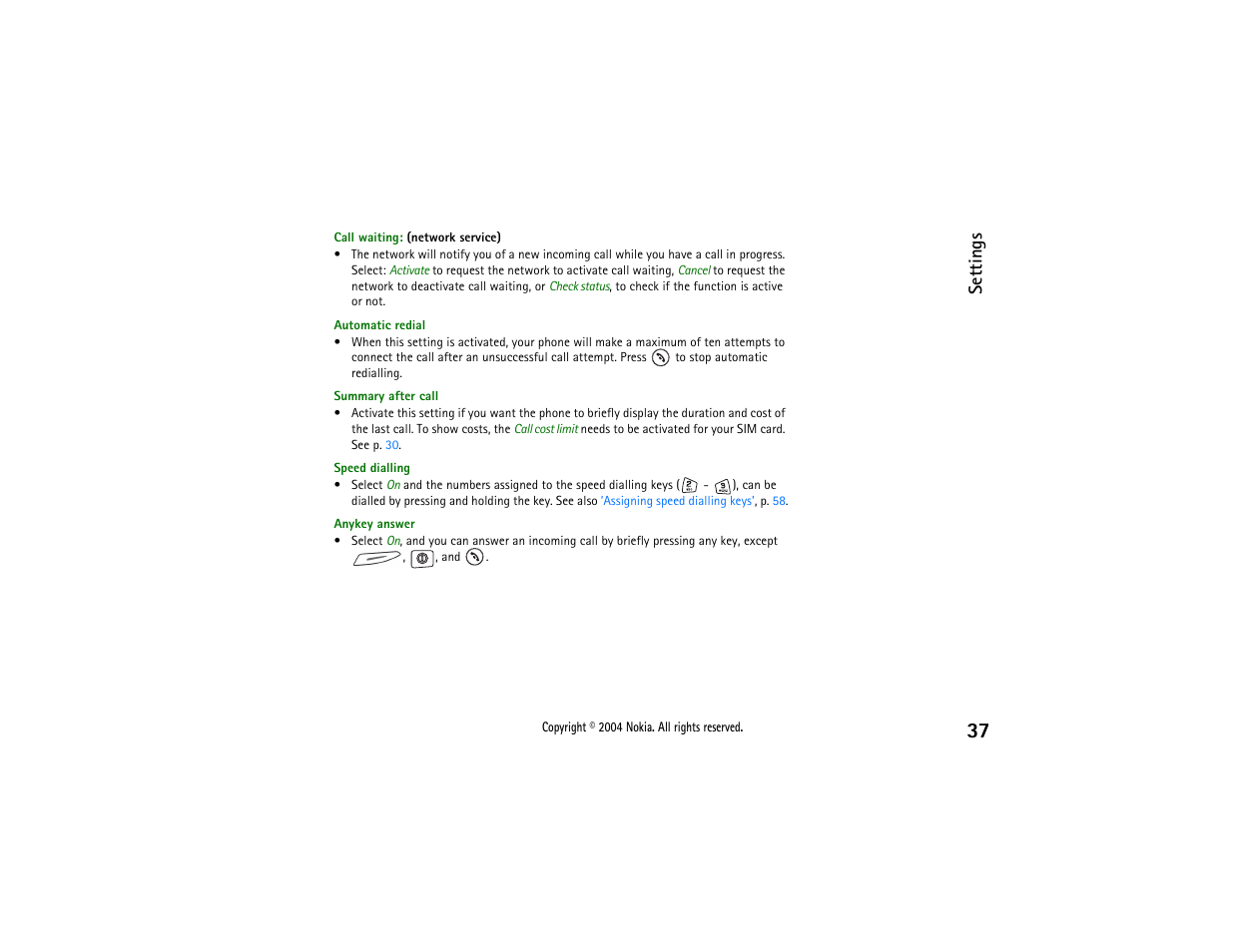 Call waiting: (network service), Settings | Nokia 3650 User Manual | Page 37 / 178