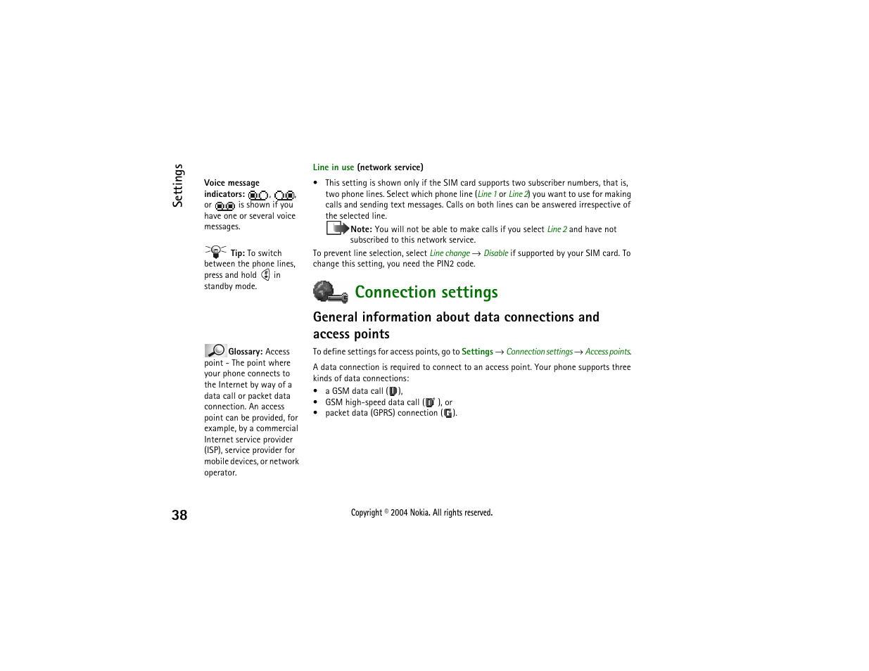 Connection settings, Line, Line in use (network service) | G phone line 2 only (network service). see, In use (network service), Own voice mailbox number, see, Line in use (network, Service), Settings | Nokia 3650 User Manual | Page 38 / 178