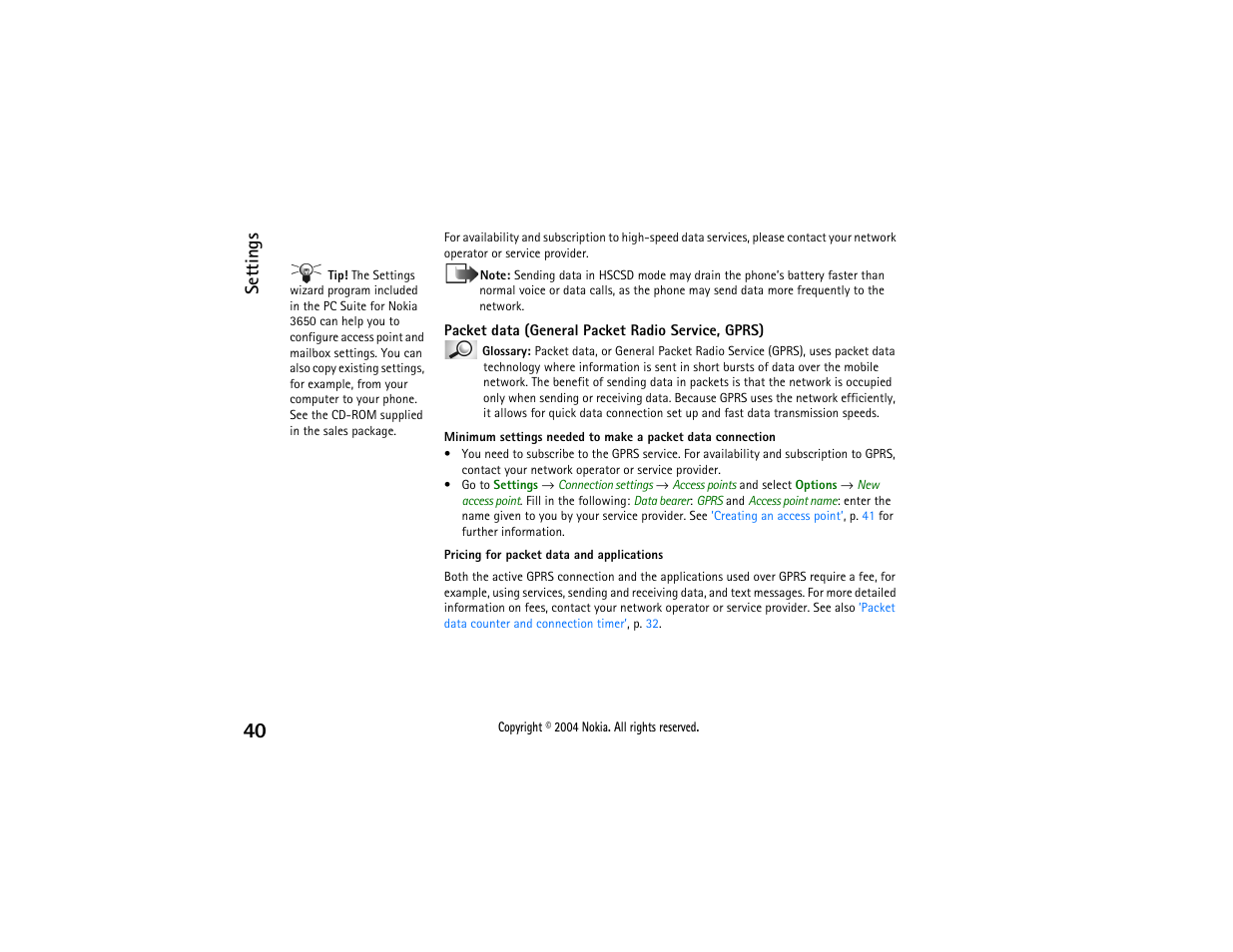 Packet data (general packet radio service, gprs), Settings | Nokia 3650 User Manual | Page 40 / 178