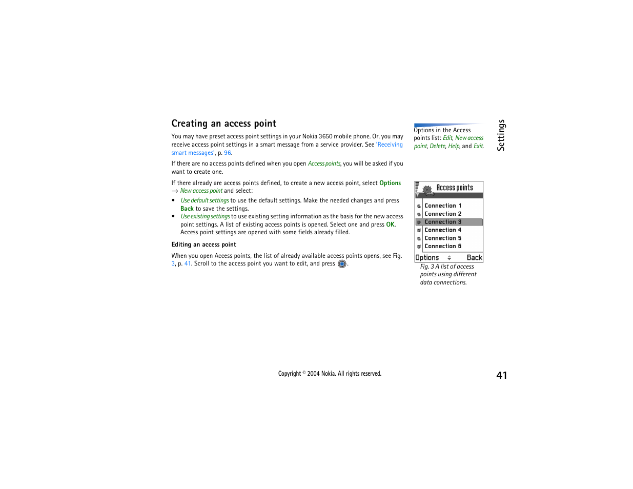 Name given to you by your service provider. see, Creating an access point, Settings | Nokia 3650 User Manual | Page 41 / 178