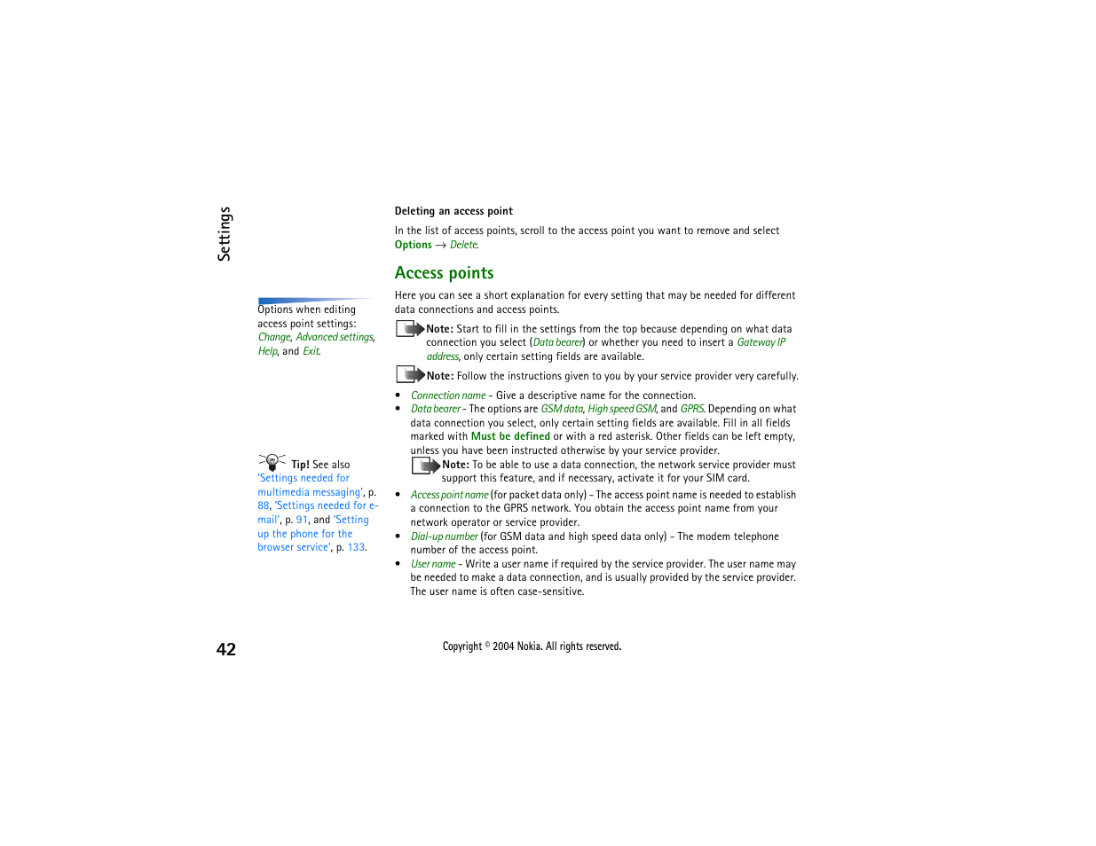 Access points, Settings | Nokia 3650 User Manual | Page 42 / 178