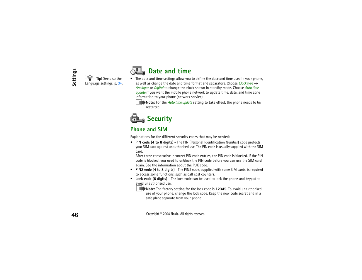 Date and time, Security, Date and time security | Code, see p, Phone and sim | Nokia 3650 User Manual | Page 46 / 178