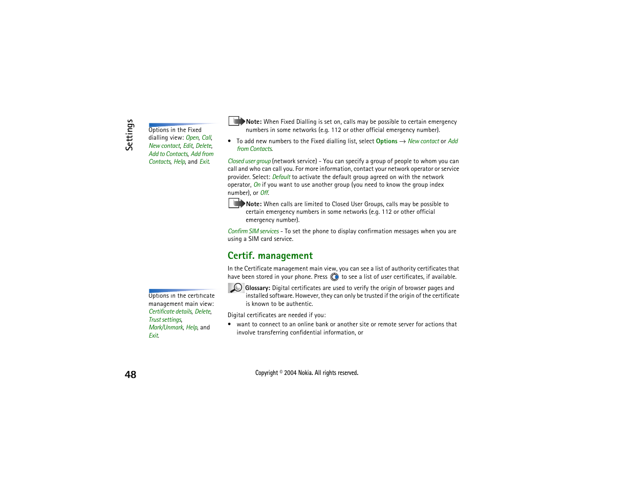Certif. management, Settings | Nokia 3650 User Manual | Page 48 / 178