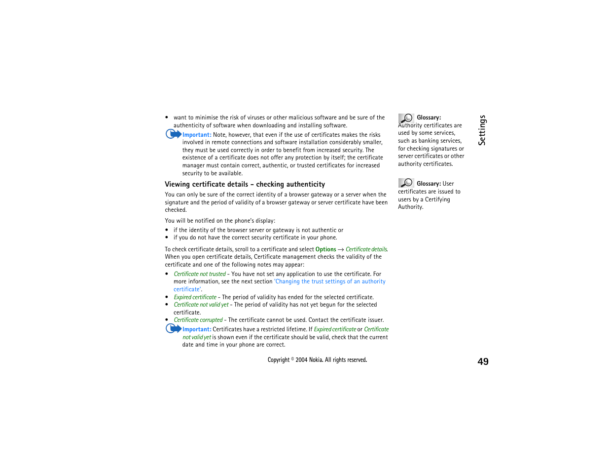 Settings | Nokia 3650 User Manual | Page 49 / 178