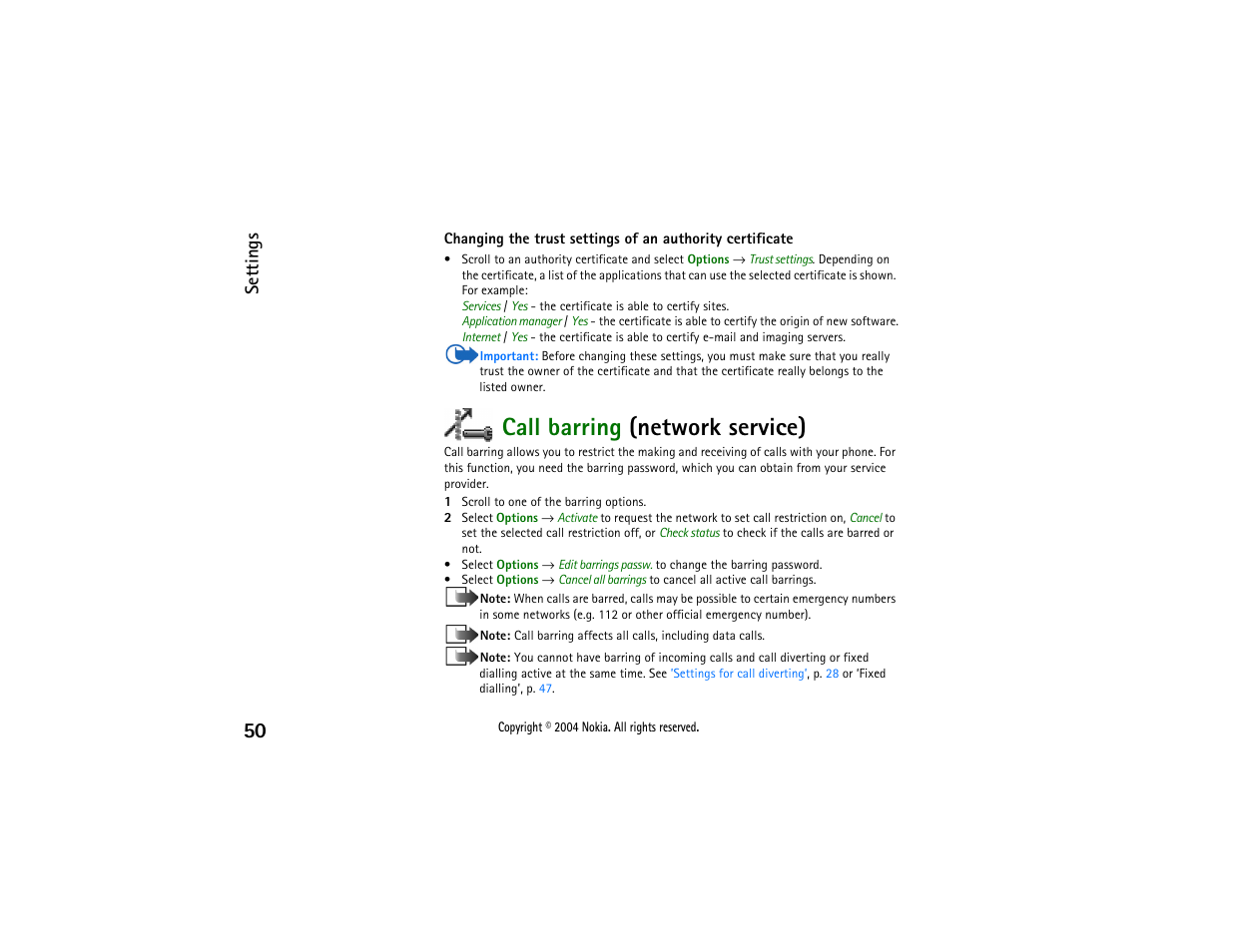 Call barring (network service), Settings | Nokia 3650 User Manual | Page 50 / 178