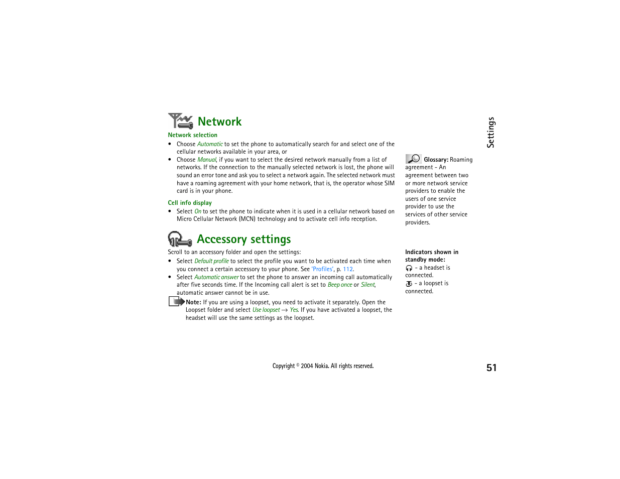 Network, Accessory settings, Network accessory settings | Nokia 3650 User Manual | Page 51 / 178