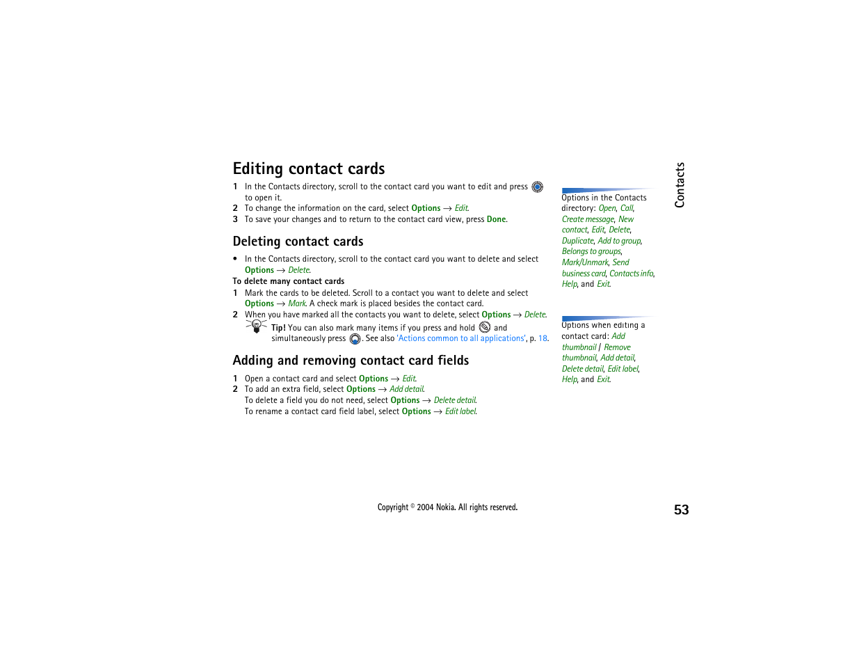 Editing contact cards, Deleting contact cards, Adding and removing contact card fields | Contacts | Nokia 3650 User Manual | Page 53 / 178