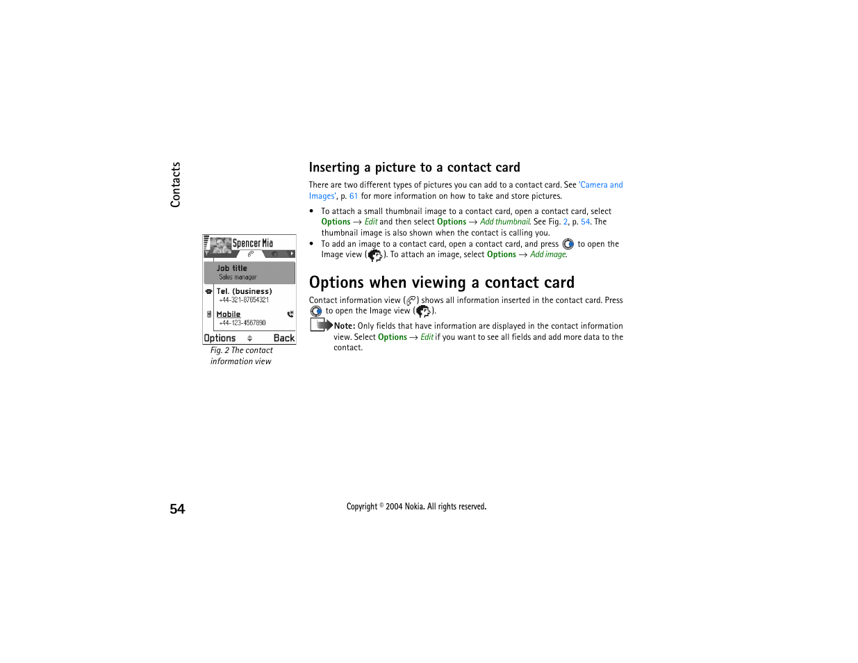 Options when viewing a contact card, Inserting a picture to a contact card, Contacts | Nokia 3650 User Manual | Page 54 / 178