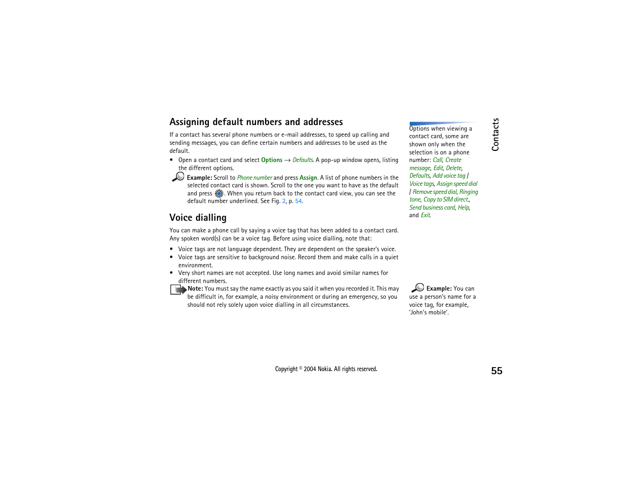 Assigning default numbers and addresses, Voice dialling, Contacts | Nokia 3650 User Manual | Page 55 / 178