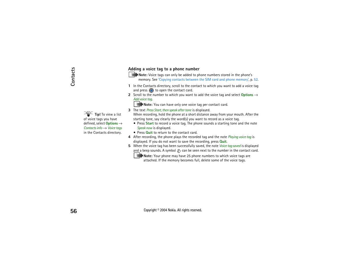 Contacts | Nokia 3650 User Manual | Page 56 / 178