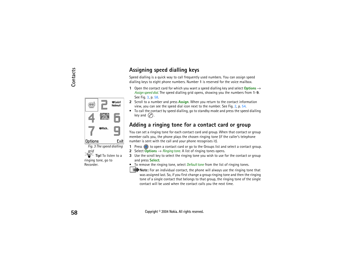 Assigning, Speed dialling keys, Lding the key. see also | Assigning speed dialling keys, Adding a ringing tone for a contact card or group, Contacts | Nokia 3650 User Manual | Page 58 / 178