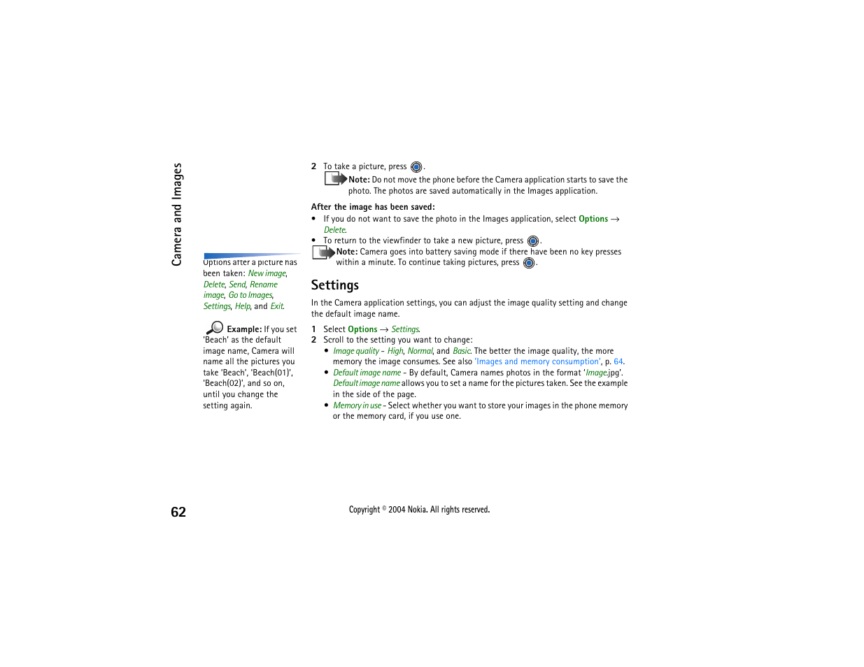 Settings, Camera and images | Nokia 3650 User Manual | Page 62 / 178