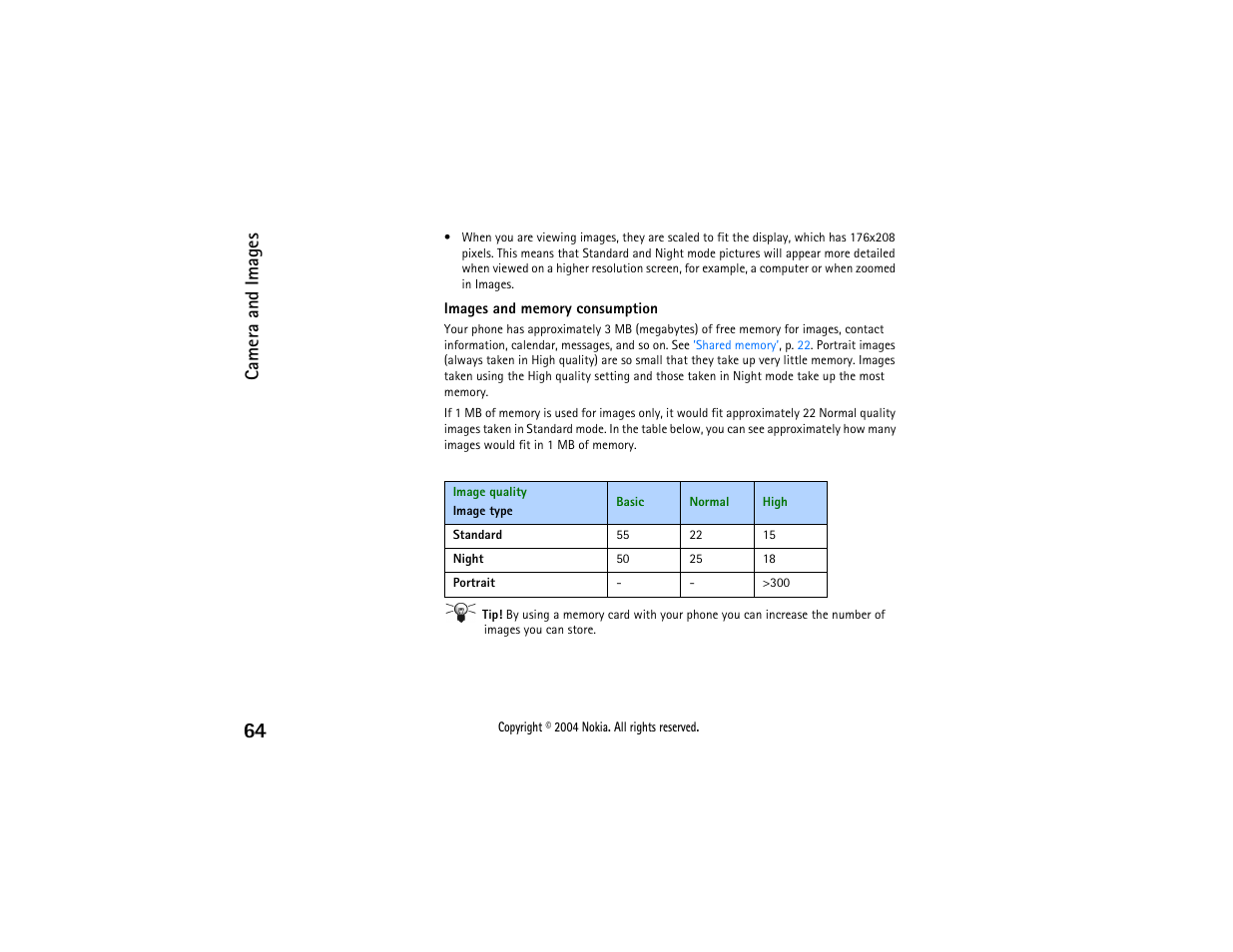 E also, Images and memory consumption, Camera and images | Nokia 3650 User Manual | Page 64 / 178